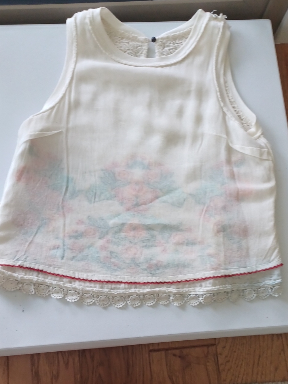 Anthropologie Maeve Cream Lace Top with Multicolor Floral Embroidery, Size S - Picture 7 of 12